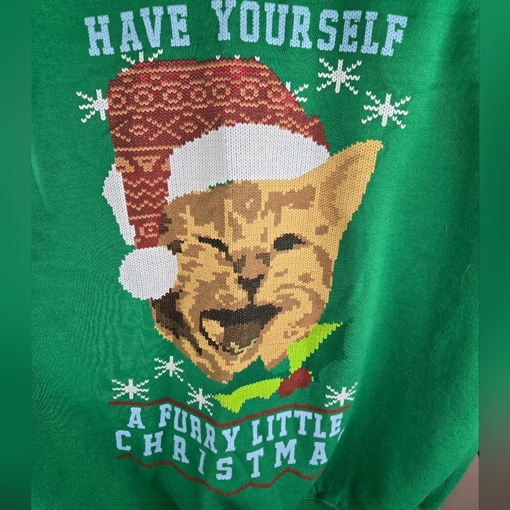 Mens Funny Cat Christmas Sweater Green Size Large